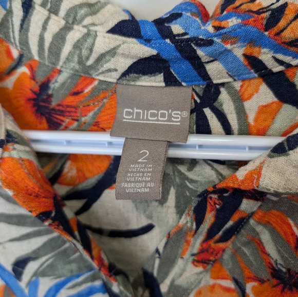 Chico's Tropical Print Linen Blend Short Sleeve Collared Open Neck Top Size L 2 - Picture 3 of 7